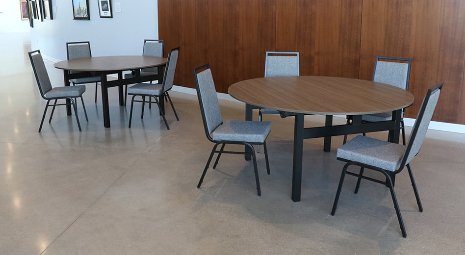 Banquet chairs in a library lobby setting