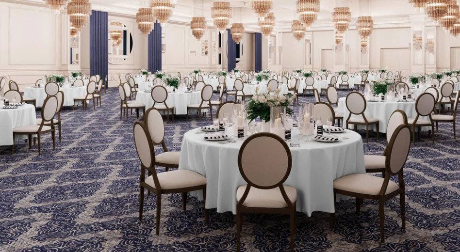 Large Room with Round Tables and Chairs Setup