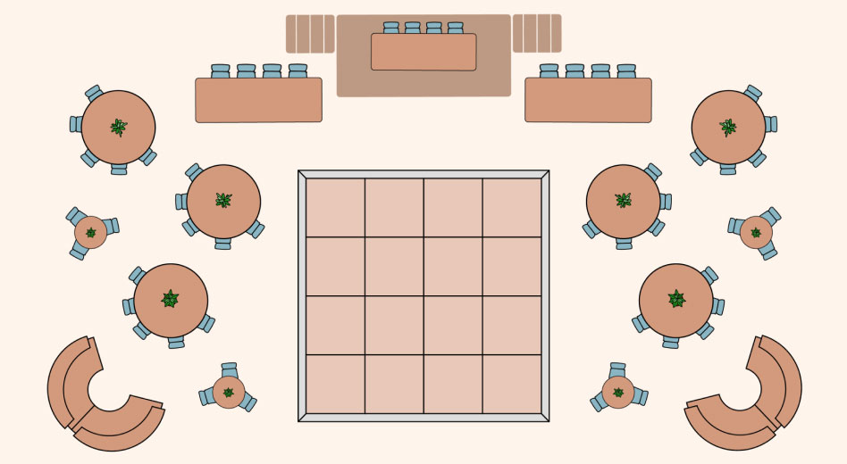 Diagrama que muestra la disposición de sillas alrededor de mesas y una pista de baile