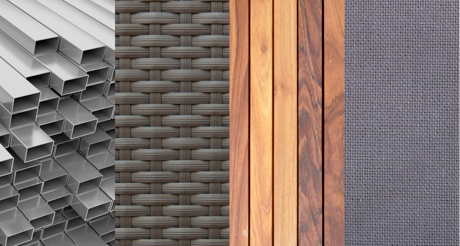 Aluminum, wicker, teak wood, and Sunbrella mesh fabric