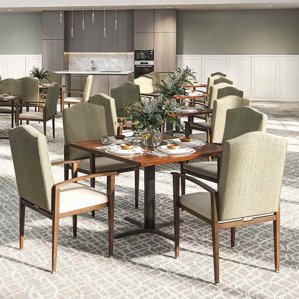 A closer look at Lyon armchairs and tables in a dining setting