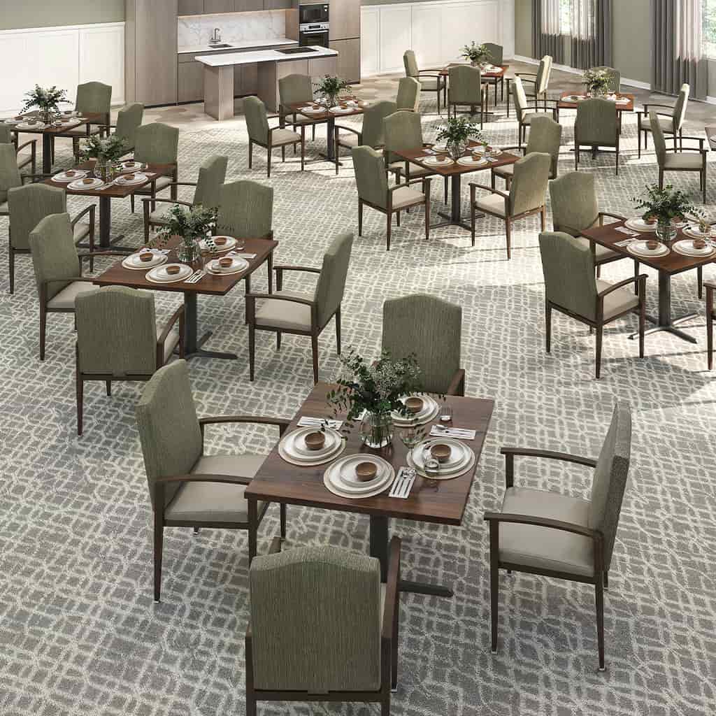 An overhead view of Lyon armchairs and tables in a dining setting