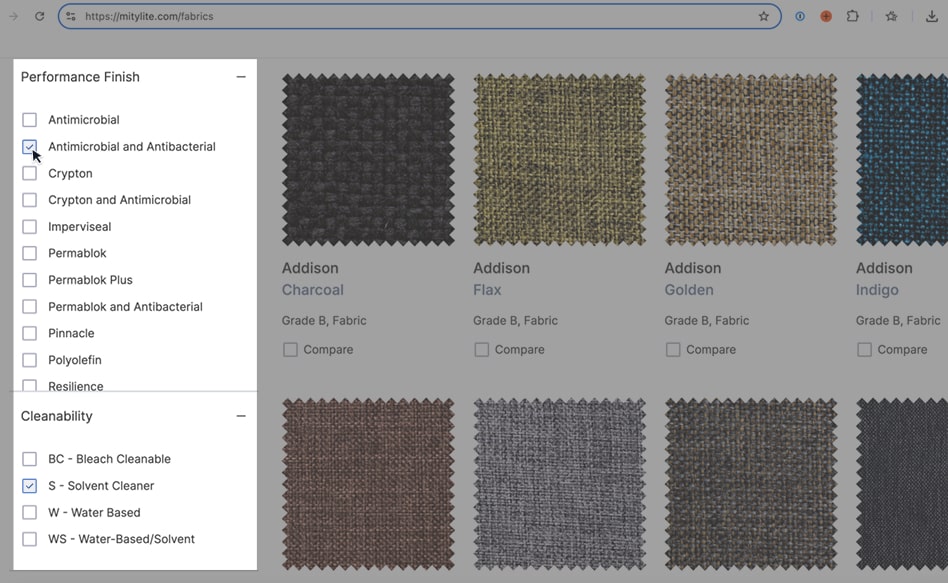 A screenshot of a fabric selection website.