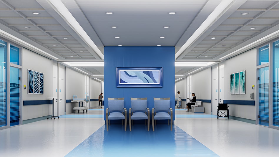 A stylish, color-coordinated hospital waiting room.