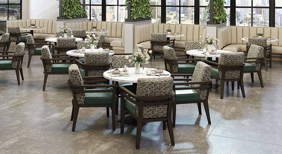 Le fauteuil Meadowbrook avec dossier bas dans un cadre de salle à manger moderne et tendance.