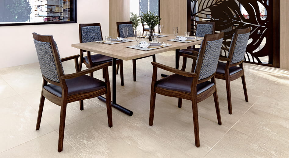 Wooden armchairs arranged in a neat, neo-modern dining space