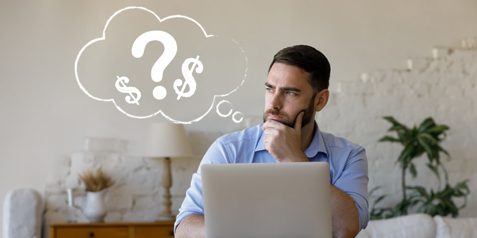 Composition of a man thinking with a thought bubble appearing above his head