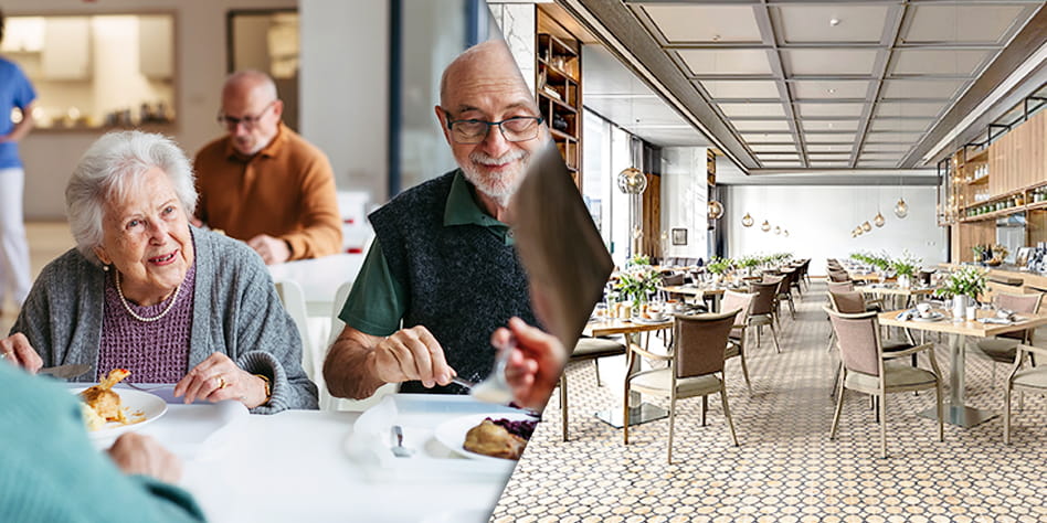 A side by side mock up of seniors happily mingling and playing games and a photo of a modern senior living space