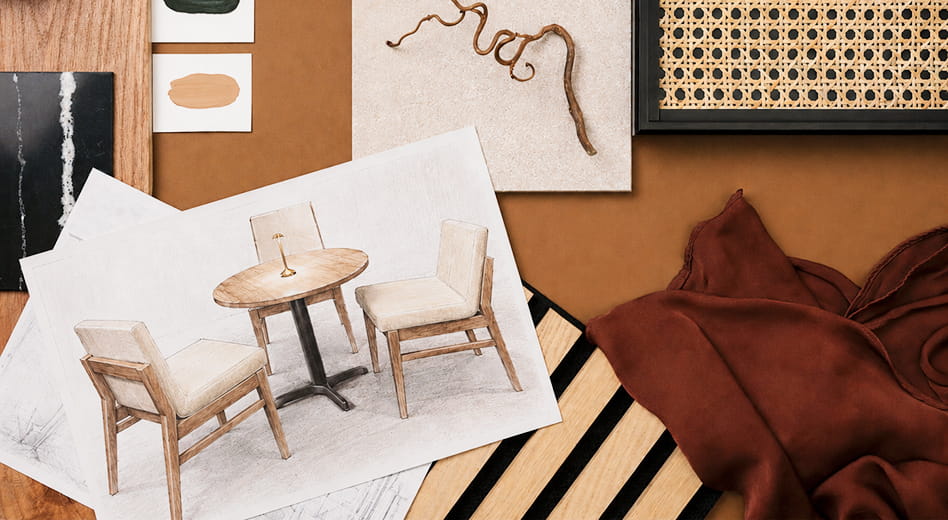 Mood board showing warm swatches, various materials, and furniture sketches